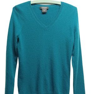 BLOOMINGDALES, CASHMERE V-NECK SWEATER, TEAL, SMALL